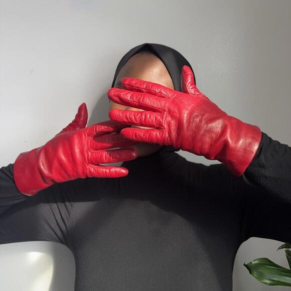 Vintage Portolano Italian Red Leather Cashmere Lined Gloves size 8